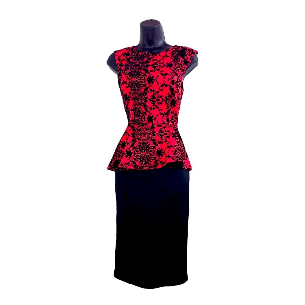 Red black floral embroidered lace back peplum fitted dress size small brand new - Picture 4 of 16